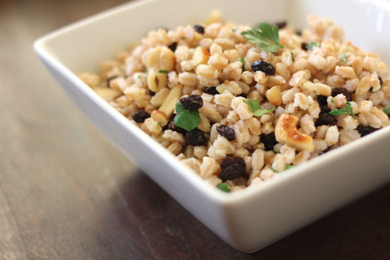Farro with Cashews and Currants in a bowl.  