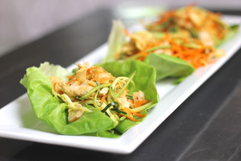 Asian Chicken Veggie Wraps with butter lettuce leaves.  