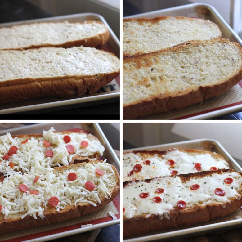 Whole Wheat Garlic Bread Pizza 4 step pictures - wheat bread with garlic spread, toasted wheat garlic bread, toasted wheat garlic bread with cheese and pepperoni, broiled and completed Whole Wheat Garlic Bread Pizza.