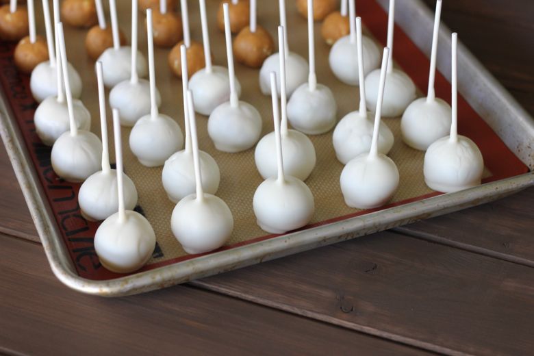 Pumpkin pie balls with lollipop sticks in them, dipped in white chocolate on a baking sheet.  