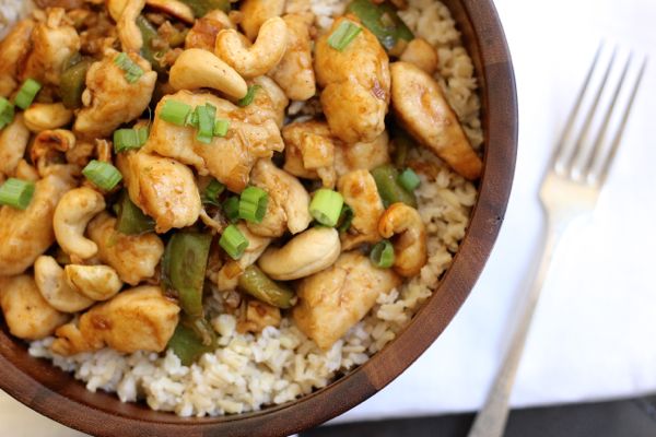 Healthy Cashew Chicken With Brown Rice in a bowl.  