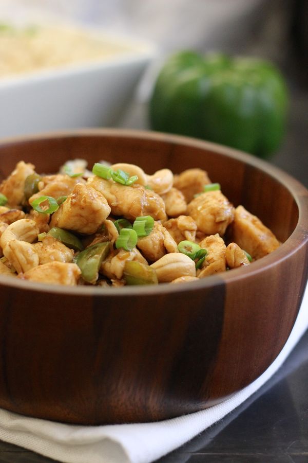Healthy Cashew Chicken With Brown Rice in a bowl.  