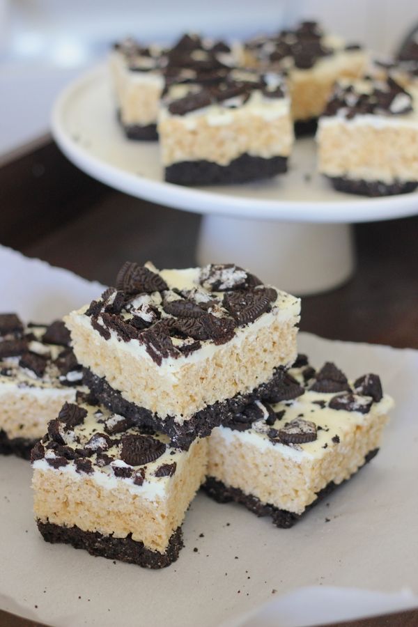 Cookies and Cream Rice Krispie Treats cut in squares and stacked.  