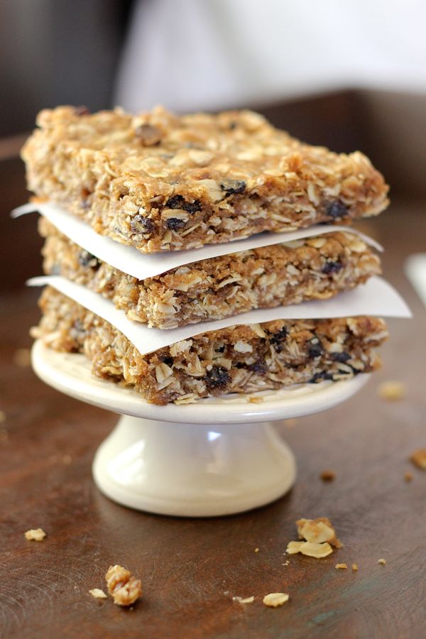 Brown Butter Oatmeal Currant Cookie Bars in a stack of three.  
