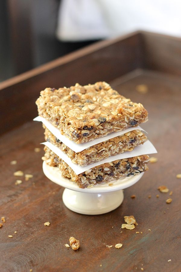 Brown Butter Oatmeal Currant Cookie Bars in a stack of three.  