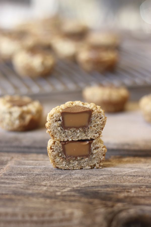 Rolo Oatmeal Cookie Cup sliced in half and stacked.  