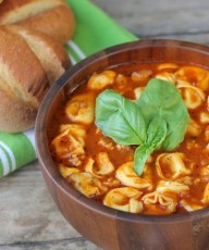 Super quick and easy tomato basil soup made with chicken sausage and cheese tortellini