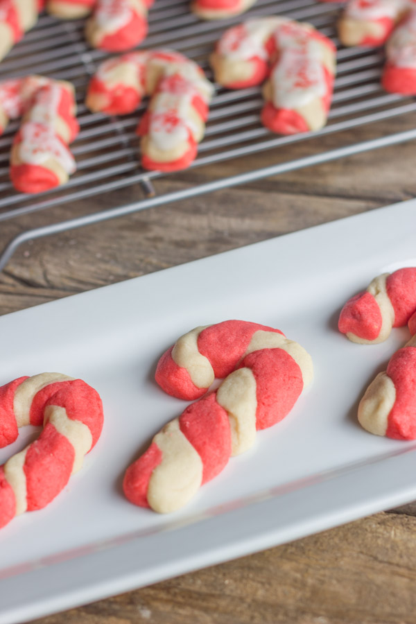 Candy Cane Sugar Cookies on a serving plate.  