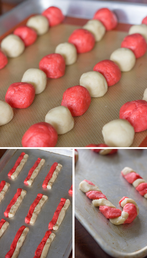 Three step pictures for Iced Candy Cane Sugar Cookies - a picture of the dough balls lined up, a picture of the dough tubes placed together, and a picture of the dough twisted and shaped into a candy cane.  