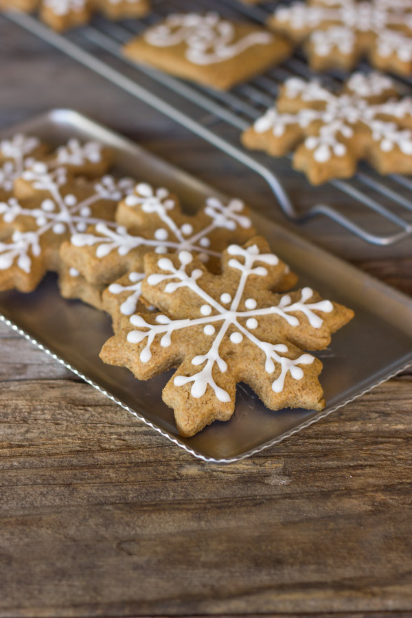 Iced Graham Cracker Snowflakes on a serving platter.  
