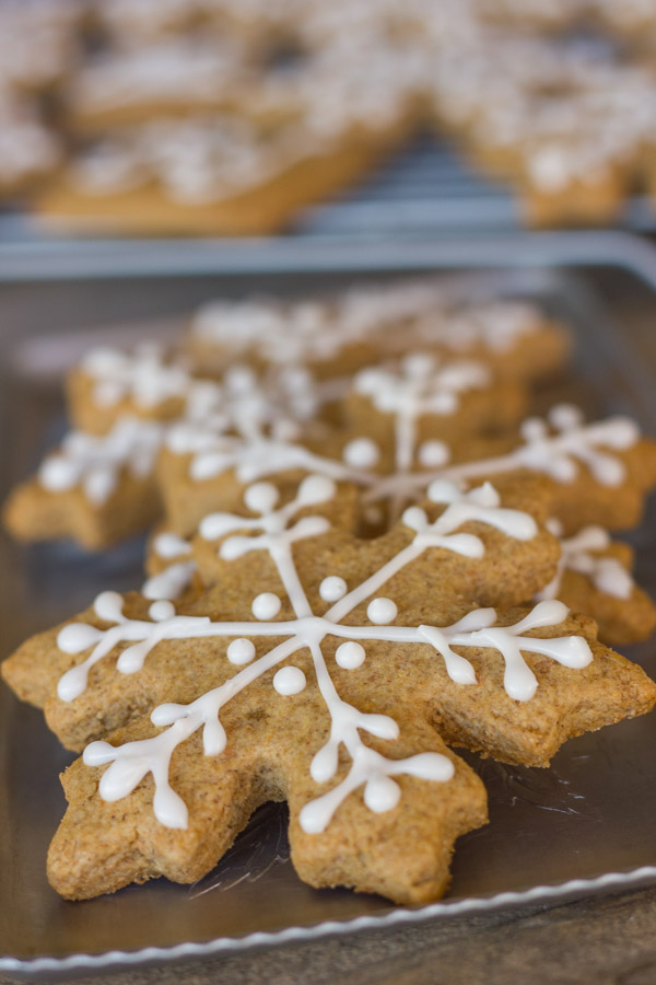 Iced Graham Cracker Snowflakes on a serving platter.  