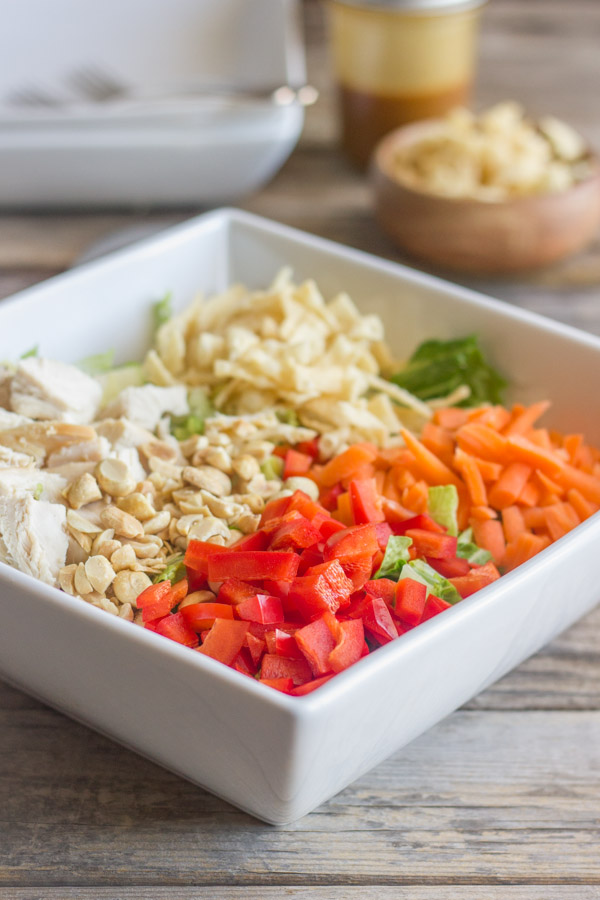 Chopped Chinese Chicken Salad ingredients in a large bowl.  