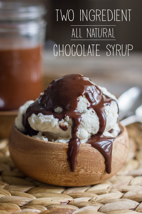 Two Ingredient All Natural Chocolate Syrup on top of vanilla ice cream in a small bowl.  