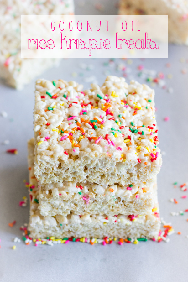 Coconut Oil Rice Krispie Treat squares with sprinkles stacked in a pile of three.  