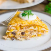 Layers of chicken, black beans, corn, cheese, and tortillas - quick and easy!