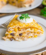 Layers of chicken, black beans, corn, cheese, and tortillas - quick and easy!