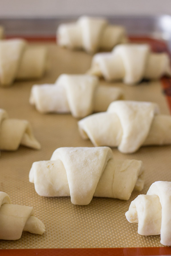 The Best Butterhorn Rolls dough on a Silpat lined baking sheet.  