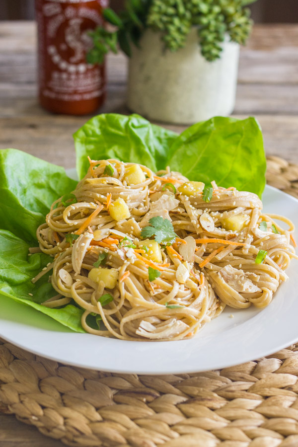 Asian Chicken And Sesame Noodle Salad on a plate with butter lettuce leaves.