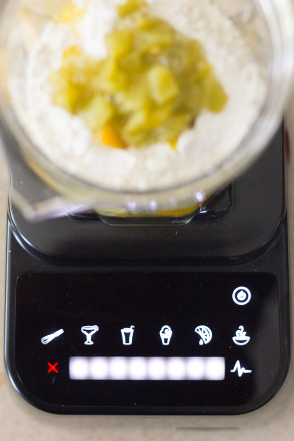 Eggs, Greek yogurt, flour, baking powder, salt, and green chiles in a Blendtec blender.