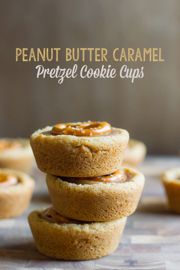 Peanut Butter Caramel Pretzel Cookie Cups stacked in a pile of three.  