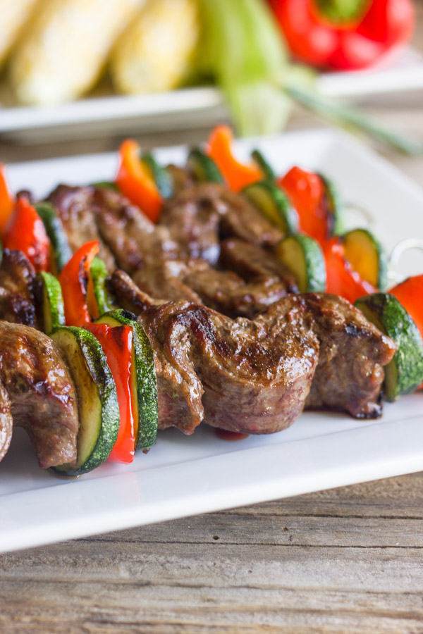 Grilled Flank Steak Kebabs on a serving platter. 