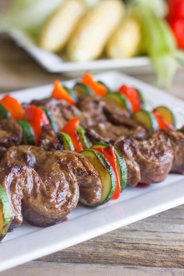 Grilled Flank Steak Kebabs on a serving platter. 