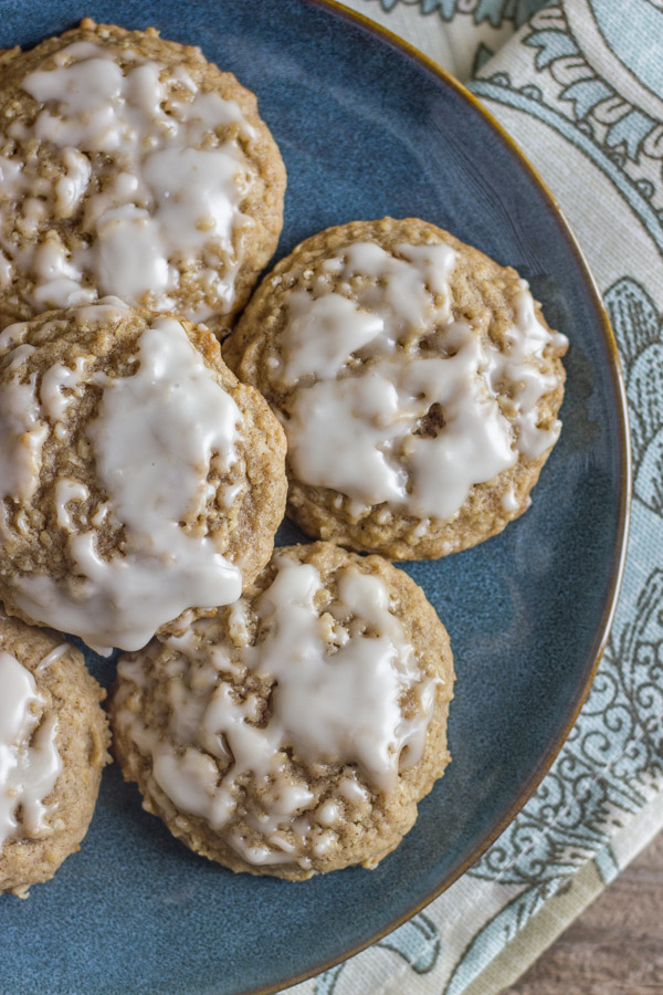Maple Iced Oatmeal Cookies on a blue plate.  