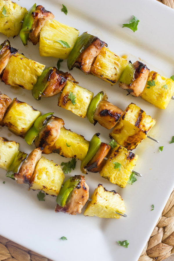 Grilled Teriyaki Chicken and Pineapple Kebabs on a serving platter.  