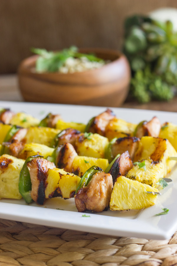 Grilled Teriyaki Chicken and Pineapple Kebabs on a serving platter.  