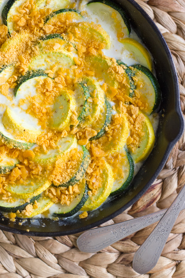 Zucchini and Yellow Squash Skillet Gratin in a cast iron skillet.  