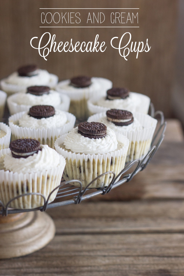 Cookies and Cream Cheesecake Cups arranged on a cake stand.  