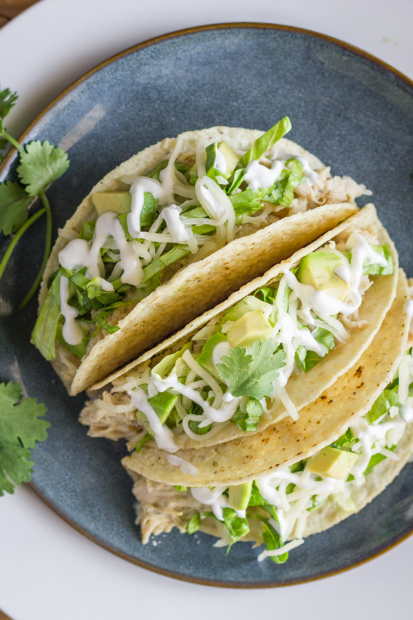 Easy Creamy Crockpot Salsa Verde Chicken in crunchy taco shells with shredded lettuce, diced avocado, sour cream and cilantro, on a plate.  