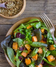 Roasted Sweet Potato Salad - roasted sweet potatoes, dried cranberries, and sunflower seeds on mixed baby greens.