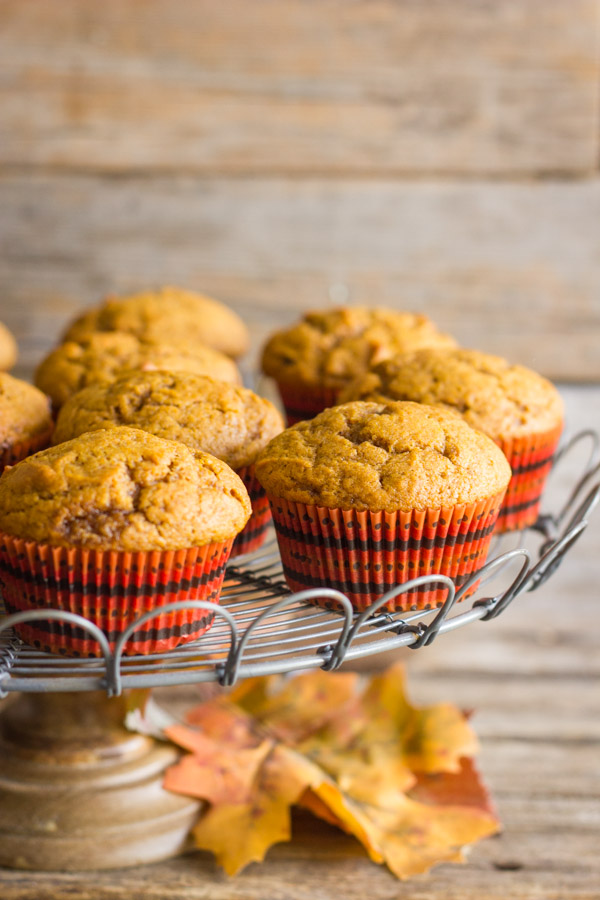 Best Ever Pumpkin Muffins on a metal cake stand.  