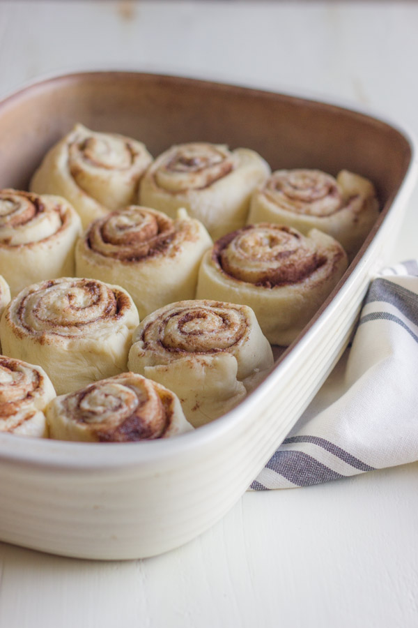 Overnight Cinnamon Roll dough in a baking dish.  