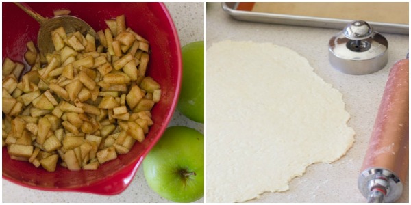 Two photos - one of the Apple Hand Pie filling and the other of the pie crust rolled out.  