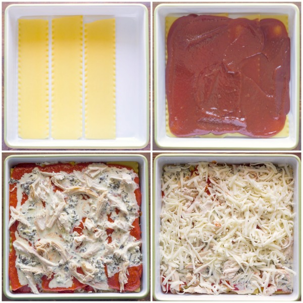 A step by step photo of how to assemble the Spinach and Artichoke Chicken Lasagna. 