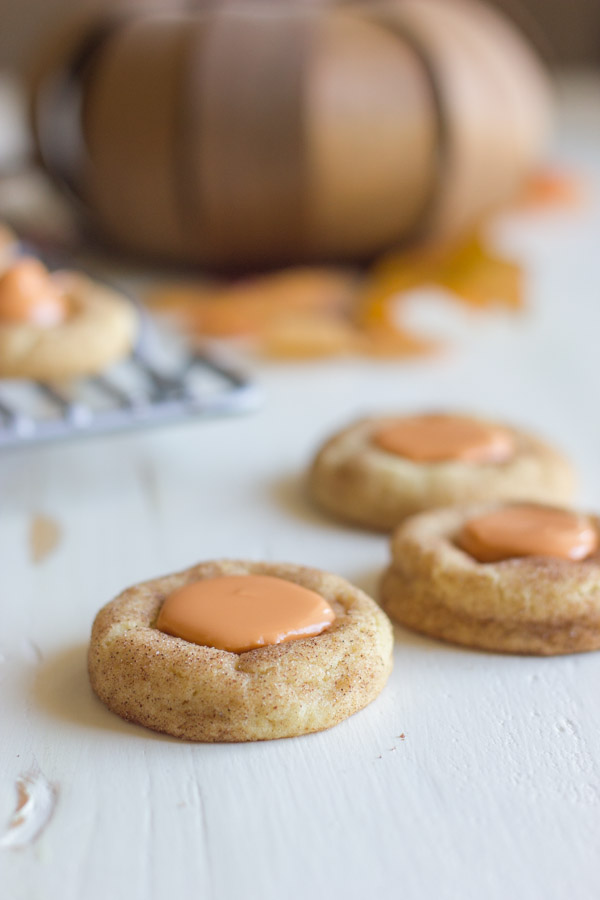 Three Pumpkin Spice Kissed Snickerdoodles made to look like a filled thumbprint cookie.