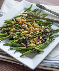 Roasted Green Beans with Creamy Cranberry Balsamic - tangy and sweet fresh green bean side dish topped with french friend onions