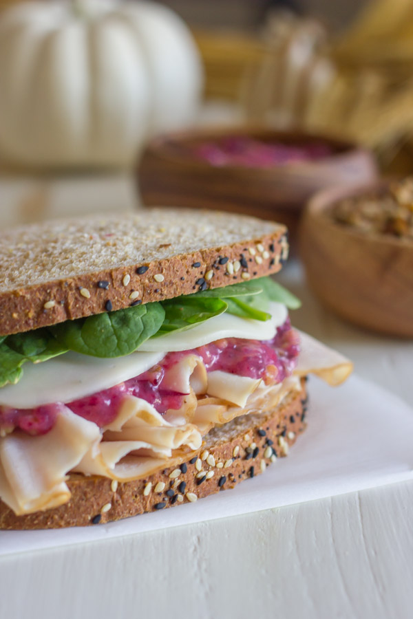 Turkey And Cranberry Sandwich on a plate.  