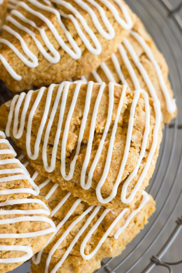 Iced Gingerbread Oat Scones on a cake stand.  