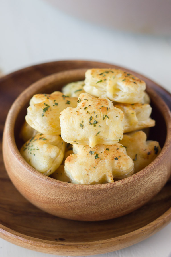 Shamrock Croutons in a wood bowl.  