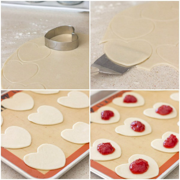 Four step-by-step photos showing how to make the Strawberry Pie Hearts.