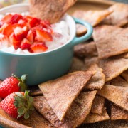Baked Cinnamon Crisps With Creamy Strawberry Dip - Reminiscent of those crispy, cinnamon sugary chips I used to get from Taco Bell as a kid, but baked instead of fried!
