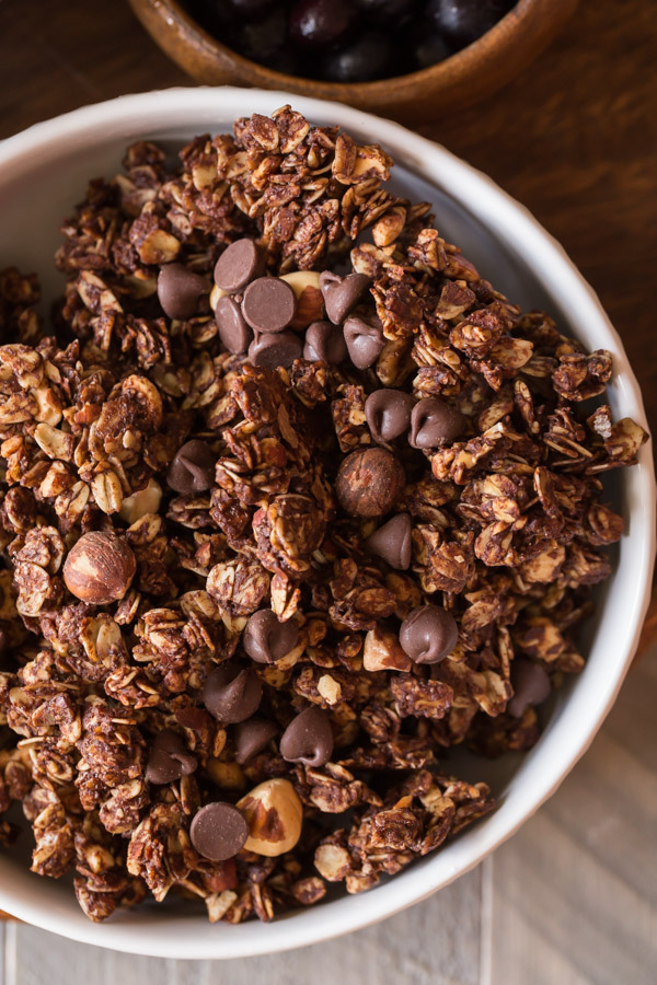 Chocolate Hazelnut Granola in a bowl.  