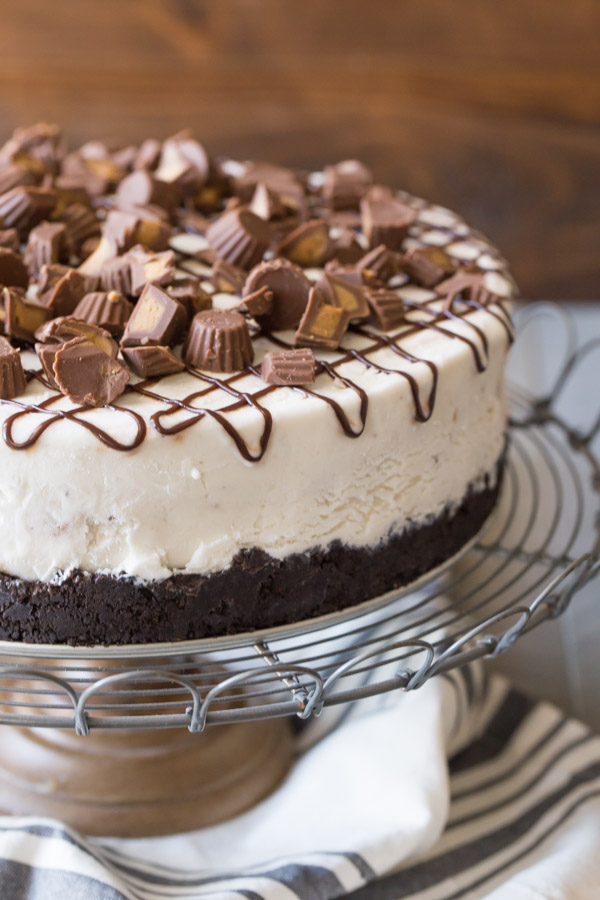 Peanut Butter Cup Ice Cream Cake on a cake stand.  
