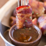 Bacon Wrapped Chicken Bites With Apricot Pepper Dipping Sauce - the perfect combination of sweet and spicy. You might want to double the recipe because they are gone in a flash!