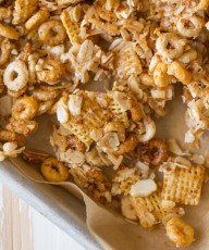 Healthier Coconut Almond Chex Mix - The perfect sweet and salty combo made healthier with coconut oil, honey, oats and almonds!