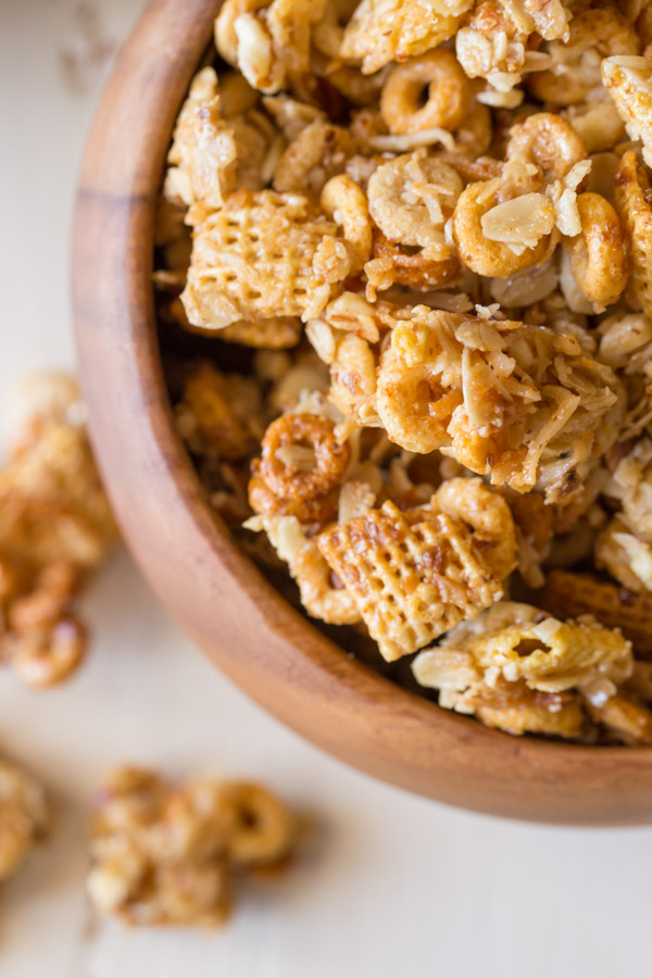 Healthier Coconut Almond Chex Mix in a wood bowl.  