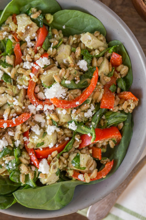 Grilled Chicken and Red Pepper Power Bowl With Whipped Avocado Cream. 